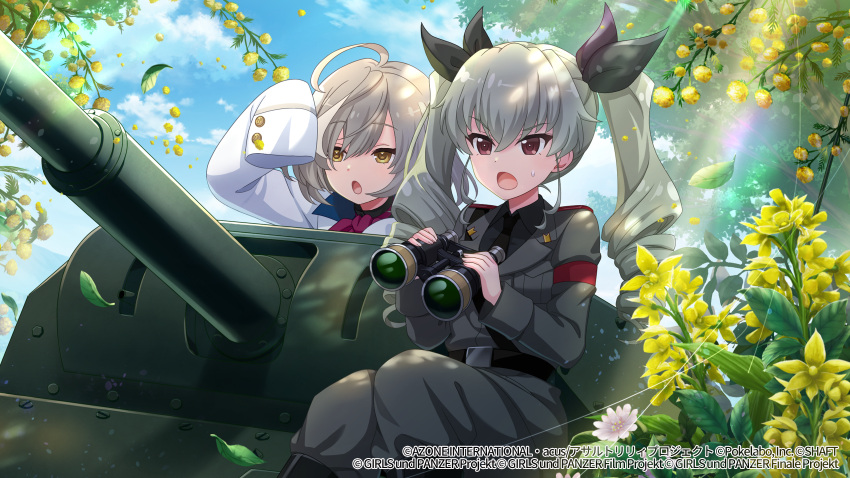 2girls :o anchovy_(girls_und_panzer) anzio_military_uniform arm_up armband artist_request assault_lily bangs belt belt_buckle binoculars black_belt black_footwear black_ribbon blue_sky boots bow bowtie buckle buttons carro_armato_p40 clouds crossover day drill_hair epaulettes falling_leaves flower girls_und_panzer green_hair grey_hair grey_jacket grey_pants ground_vehicle hair_between_eyes hair_ribbon hands_up herensuge_girls_academy_school_uniform highres holding holding_binoculars jacket knee_boots knees_together_feet_apart leaf lens_flare long_hair long_sleeves looking_away military military_uniform military_vehicle motor_vehicle multicolored_hair multiple_girls official_art on_vehicle open_mouth outdoors pants red_bow red_bowtie red_eyes ribbon sasaki_ran school_uniform shading_eyes sitting sky sleeves_past_fingers sleeves_past_wrists streaked_hair sunlight sweatdrop tank tree tree_shade twin_drills twintails uniform v-shaped_eyebrows watermark webp-to-png_conversion white_flower white_jacket yellow_eyes yellow_flower