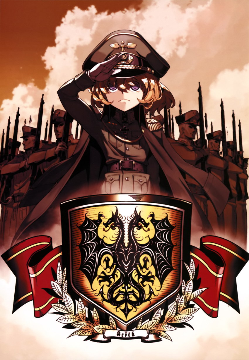 1girl absurdres arm_up bangs belt belt_buckle black_belt blonde_hair breast_pocket buckle closed_mouth coat coat_on_shoulders frown gloves gun hair_between_eyes hat highres holding holding_gun holding_weapon long_hair long_sleeves loud military military_hat military_jacket military_uniform orange_sky pocket rifle salute shiny shiny_hair sky solo_focus tanya_degurechaff uniform violet_eyes weapon white_gloves youjo_senki