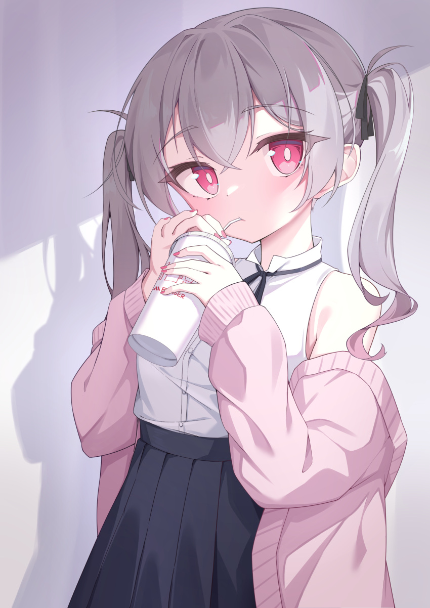 1girl 2022 bangs bare_shoulders black_skirt collared_shirt drink drinking_straw grey_hair hair_between_eyes highres long_hair long_sleeves looking_at_viewer original pink_nails pleated_skirt quarterlift red_eyes shirt shirt_tucked_in skirt standing sweater twintails white_shirt