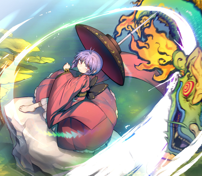 1girl absurdres black_headwear bowl bowl_hat closed_mouth dragon full_body hat highres japanese_clothes kimono lily_pad long_sleeves looking_at_viewer needle_sword nyong_nyong outdoors purple_hair red_eyes red_kimono short_hair sukuna_shinmyoumaru touhou wide_sleeves