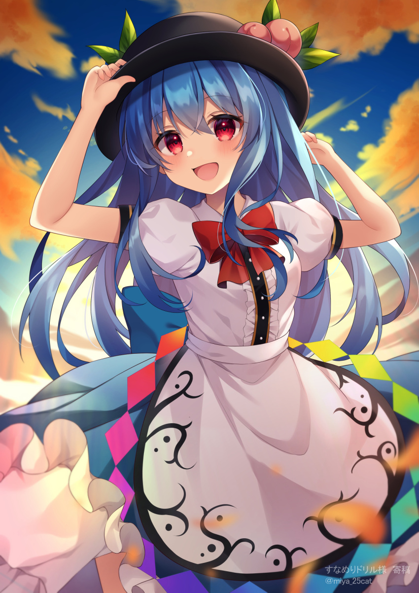 1girl arms_up artist_name bangs black_headwear blue_hair blue_skirt blue_sky blush breasts buttons clouds cloudy_sky collared_shirt commentary_request dress_shirt food frills fruit gradient gradient_sky grey_shirt hair_between_eyes hands_on_headwear hands_up hat hat_ornament highres hinanawi_tenshi leaf leaf_hat_ornament long_hair looking_at_viewer medium_breasts miy@ open_mouth peach puffy_short_sleeves puffy_sleeves rainbow red_eyes shirt short_sleeves skirt sky smile solo standing sunlight sunset tongue touhou white_sky