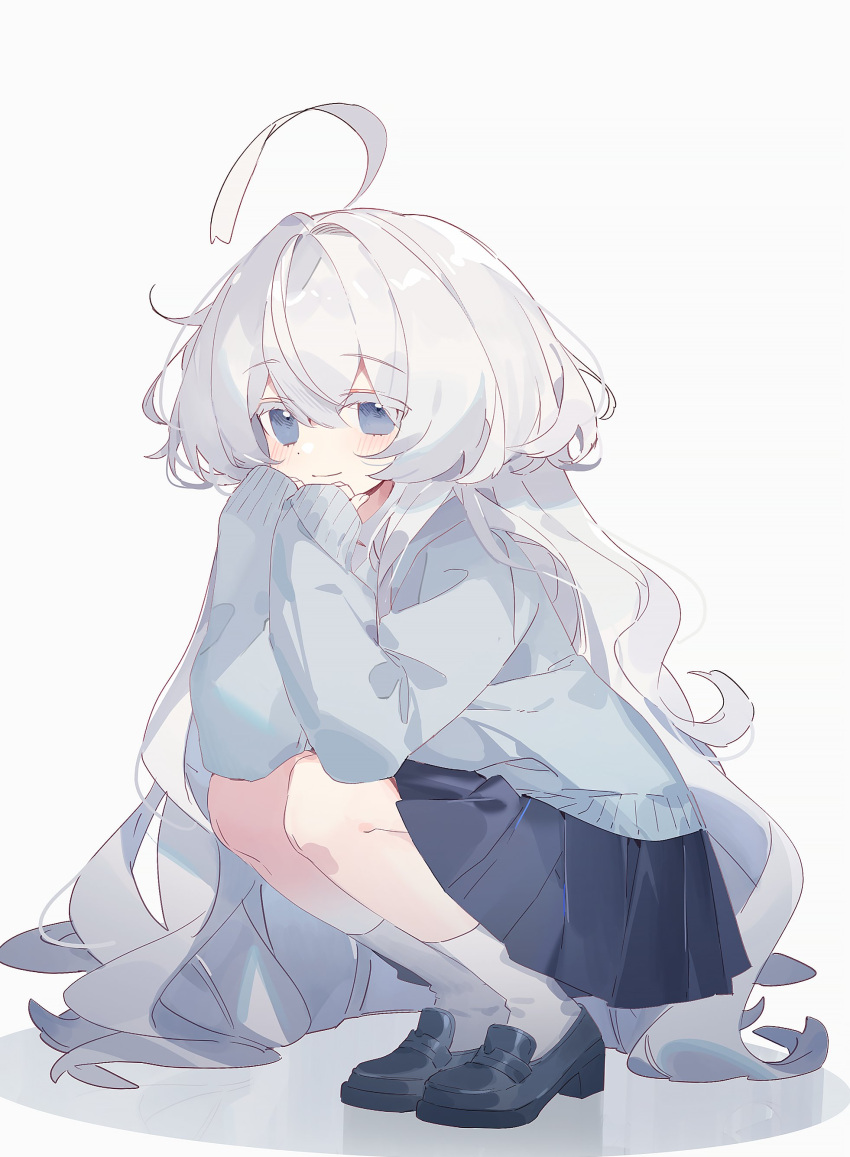 1girl absurdres ahoge asphyxia17 black_footwear black_skirt blue_cardigan blue_eyes cardigan closed_mouth colored_eyelashes highres kneeling long_hair long_sleeves looking_at_viewer original shoes simple_background skirt smile socks solo very_long_hair white_background white_socks