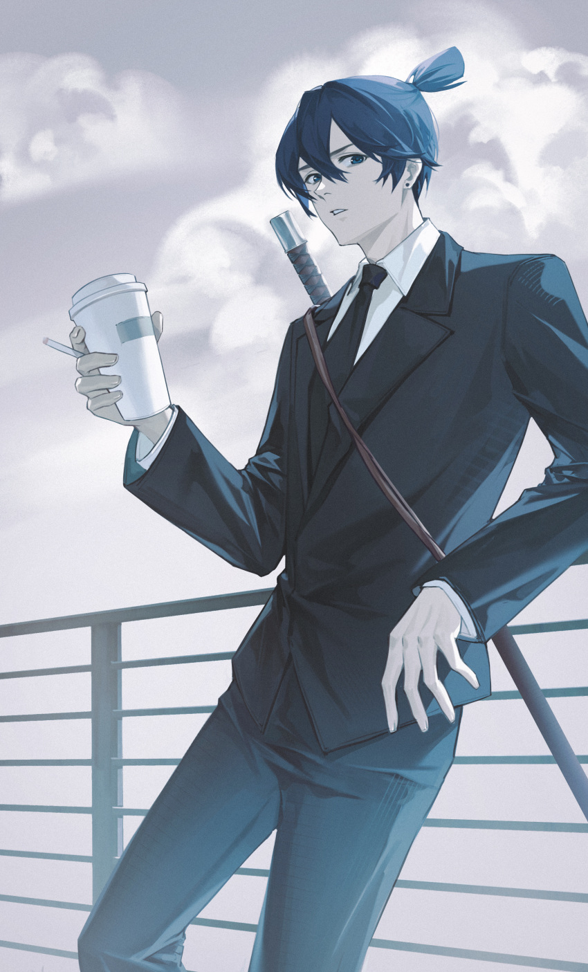 1boy absurdres black_necktie blue_eyes blue_hair chainsaw_man cigarette clouds cup earrings formal hayakawa_aki highres holding holding_cup jewelry looking_at_viewer necktie ponytail shirt standing suit tuzhate white_shirt