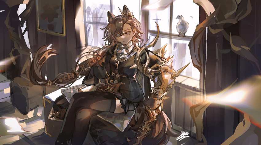 1girl animal_ears arknights ascot bird black_jacket black_thighhighs buzhidaojiaoshenmekoua crossed_legs extra_ears feet_out_of_frame hair_between_eyes highres indoors jacket long_hair looking_at_viewer penance_(arknights) picture_frame shirt sitting solo thigh-highs wall white_ascot white_shirt window