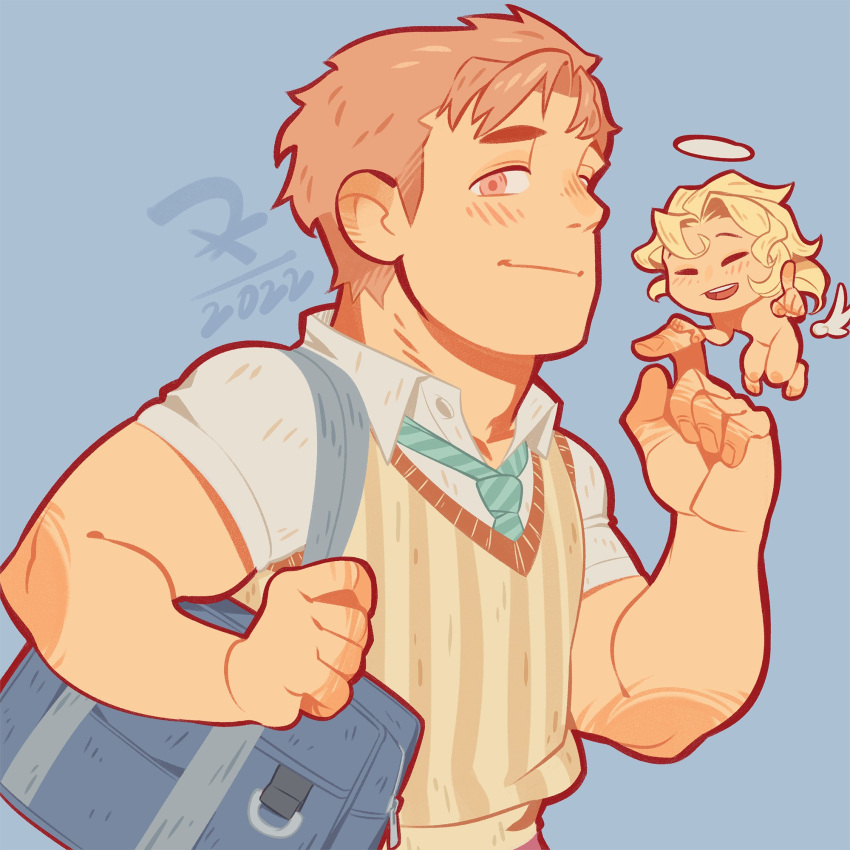 2022 2boys bag blonde_hair blue_background blue_bag blush cherub closed_eyes commentary cupid_(housamo) diagonal-striped_necktie dk_(den_ai_d) feathered_wings film_grain green_necktie halo highres holding holding_bag light_smile male_focus multiple_boys muscular muscular_male necktie pink_eyes pointing pointing_at_viewer shirt short_hair sideburns signature smile teeth tennouji_shin'ya tokyo_afterschool_summoners upper_body upper_teeth wan_sheng_jie_(style) white_shirt wings