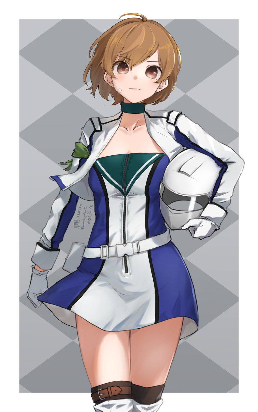 1girl absurdres argyle argyle_background bandaid bandaid_on_face belt black_thighhighs blue_jacket blush border brown_eyes closed_mouth collarbone cosplay fuji_speedway gloves grey_background helmet highres holding holding_helmet jacket kantai_collection light_brown_hair looking_at_viewer oboro_(kancolle) official_alternate_costume racequeen short_hair smile solo thigh-highs umibudou white_belt white_border white_gloves white_jacket