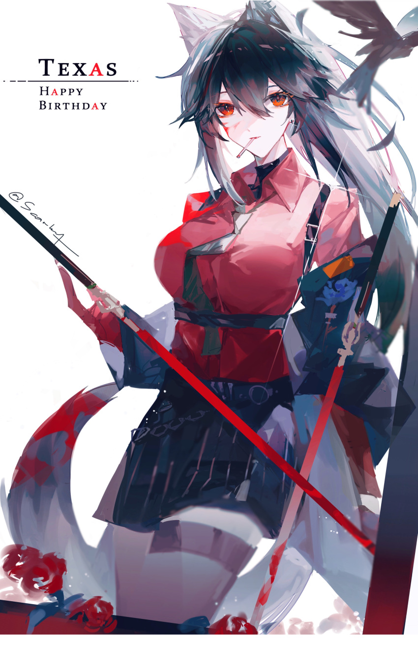 1girl absurdres animal_ears arknights bird black_hair black_jacket black_shorts black_thighhighs blood blood_on_face blood_on_tail breasts character_name cigarette cowboy_shot dual_wielding gloves green_necktie hair_between_eyes happy_birthday highres holding holding_sword holding_weapon jacket large_breasts long_hair long_sleeves looking_at_viewer mouth_hold necktie official_alternate_costume open_clothes open_jacket ponytail red_eyes red_gloves scarlett_(artist) shorts smoking solo striped striped_shorts sword tail texas_(arknights) texas_(willpower)_(arknights) thigh-highs weapon wolf_ears wolf_girl wolf_tail