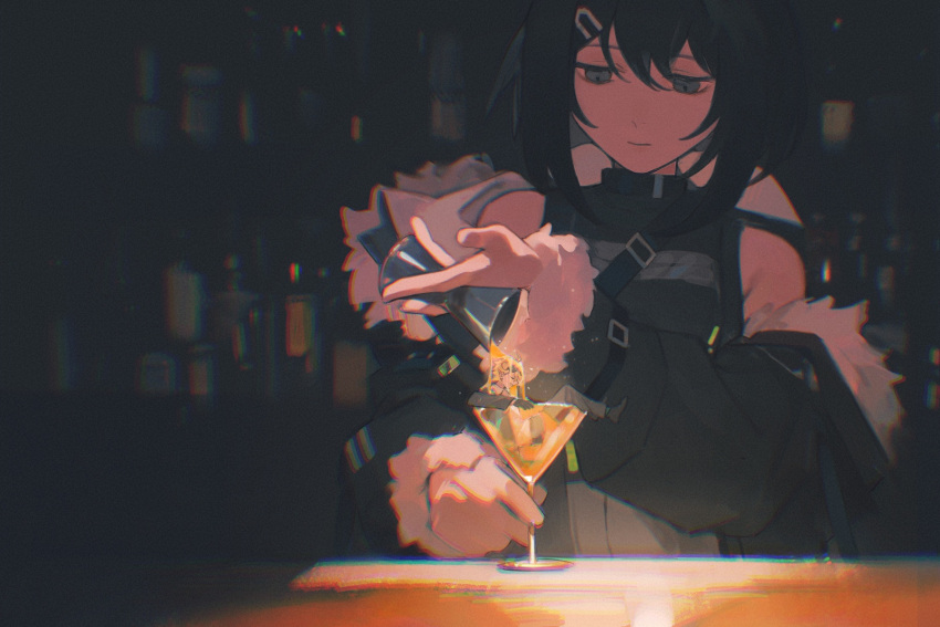 1boy 1girl alcohol arknights bar_(place) black_eyes black_hair black_jacket black_shirt bottle cocktail_glass counter cup dark drinking_glass fur-trimmed_jacket fur_trim hair_between_eyes hair_ornament hairclip highres holding holding_cup indoors jacket jigger la_pluma_(arknights) long_sleeves miniboy off_shoulder open_clothes open_jacket shirt short_hair sleeveless sleeveless_shirt tequila_(arknights) xiaoqiu_naicha