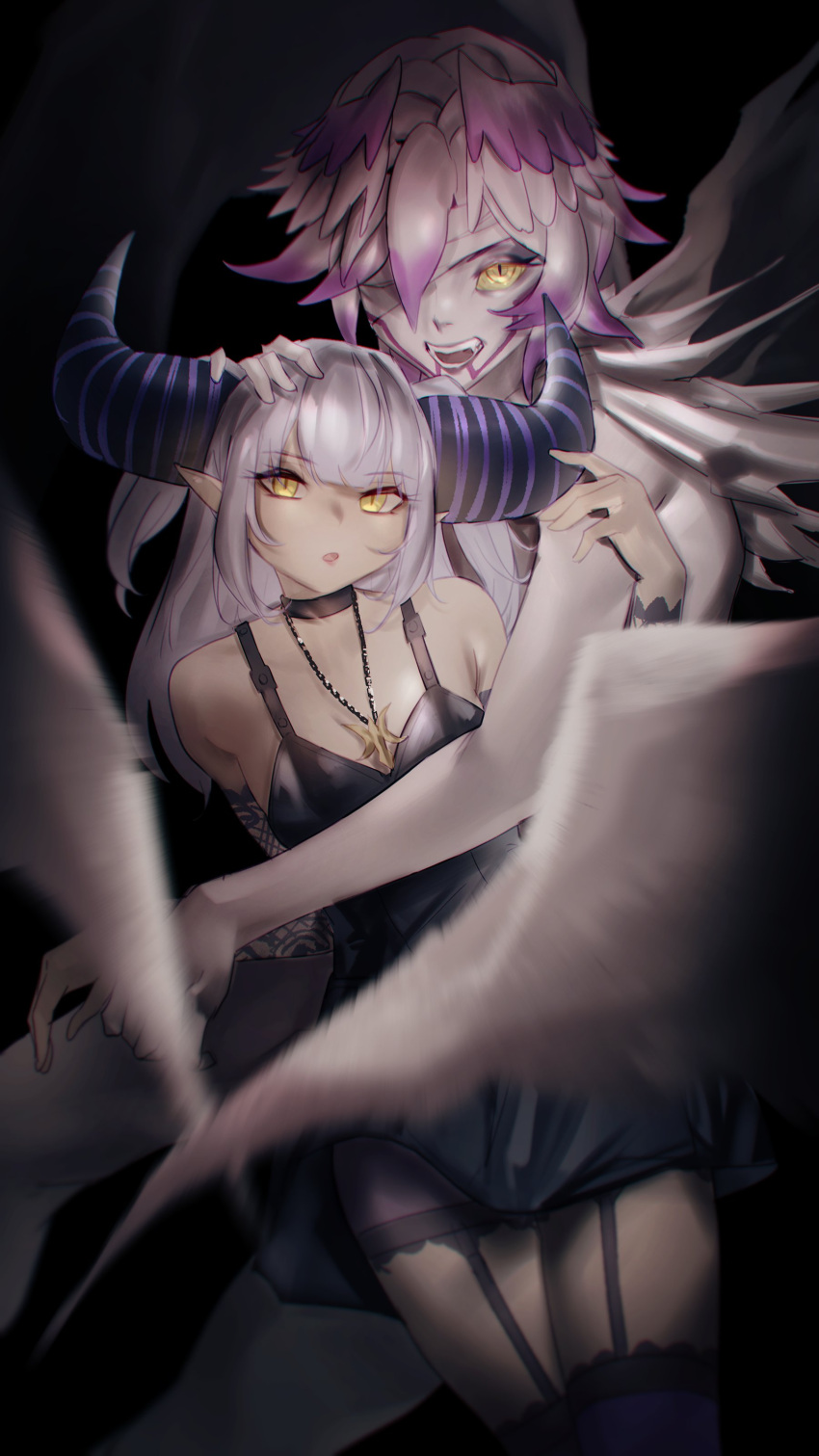 absurdres ahoge aragiken bandaid bandaid_on_face bangs blue_eyes braid demon_girl demon_horns feathers grey_hair hair_between_eyes head_wings highres hololive horns la+_darknesss long_hair looking_at_viewer multicolored_hair multiple_girls pink_hair pointy_ears purple_hair short_hair streaked_hair striped_horns takane_lui thigh-highs very_long_hair virtual_youtuber wings yellow_eyes