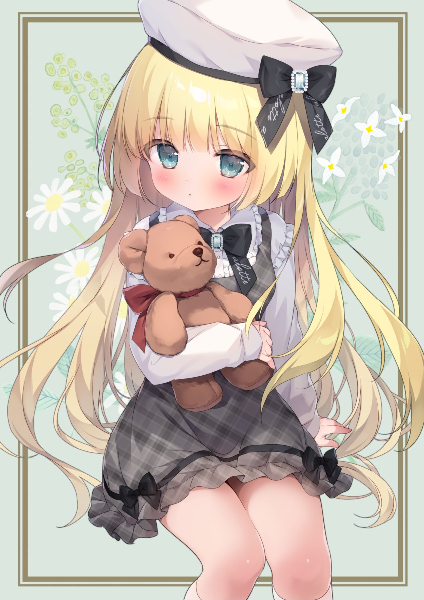 1girl arm_support bangs beret black_bow blonde_hair blue_eyes blush bow center_frills closed_mouth collared_shirt commentary dress feet_out_of_frame floral_background flower frilled_shirt_collar frills grey_dress hat highres kneehighs long_hair long_sleeves object_hug original piyodera_mucha plaid plaid_dress puffy_long_sleeves puffy_sleeves shirt sitting sleeveless sleeveless_dress sleeves_past_wrists socks solo stuffed_animal stuffed_toy symbol-only_commentary teddy_bear very_long_hair white_flower white_headwear white_shirt white_socks
