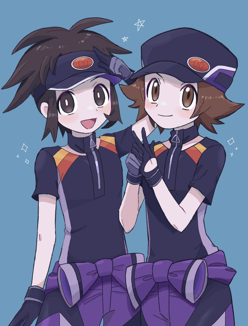 2boys :d adjusting_clothes adjusting_gloves arm_up black_headwear bright_pupils brown_eyes brown_hair closed_mouth commentary_request cosplay gloves hat highres hilbert_(pokemon) hilbert_(sygna_suit)_(pokemon) hilbert_(sygna_suit)_(pokemon)_(cosplay) looking_at_viewer male_focus multiple_boys nate_(pokemon) official_alternate_costume open_mouth pokemon pokemon_(game) pokemon_bw2 pokemon_masters_ex sana_(37pisana) shirt short_hair short_sleeves smile sparkle tongue visor_cap white_pupils zipper_pull_tab
