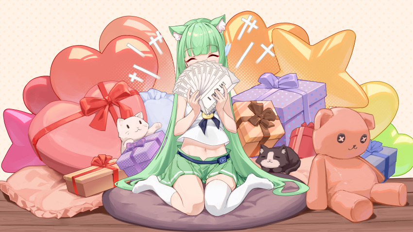 1girl absurdres animal_ear_fluff animal_ears artist_request asymmetrical_legwear bangs box cat cat_ears chinese_commentary closed_eyes commentary_request facing_viewer full_body gift gift_box green_hair green_skirt heart-shaped_box highres holding long_hair midriff moegirlpedia-tan navel os-tan pillow second-party_source sitting skirt socks solo stomach stuffed_animal stuffed_toy teddy_bear thigh-highs wariza white_socks white_thighhighs