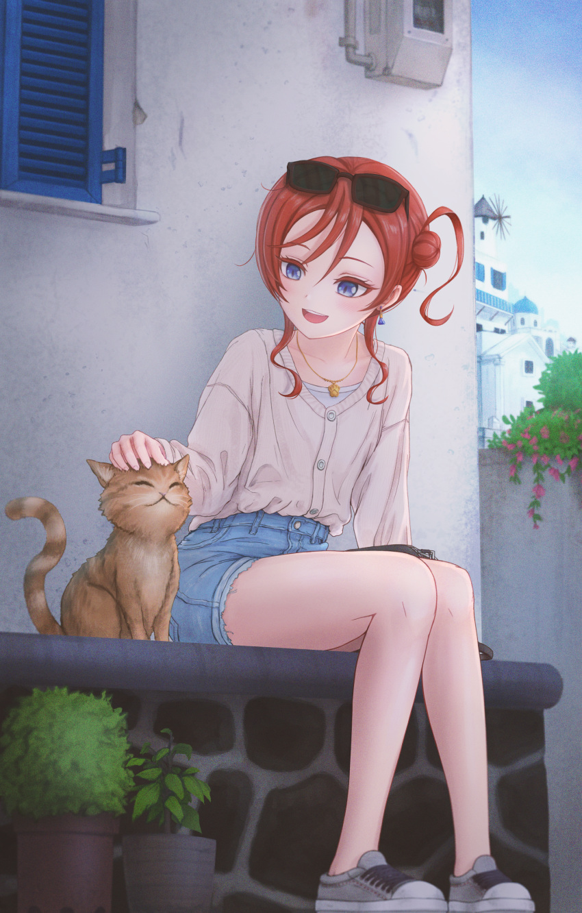 1girl absurdres bangs birthday blue_eyes cat clouds cloudy_sky collarbone earrings english_commentary hair_bun headpat highres jewelry legs love_live! love_live!_superstar!! memarin necklace plant potted_plant redhead short_shorts shorts single_side_bun sitting sky smile yoneme_mei