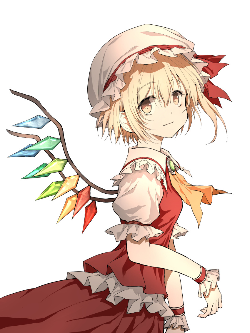 absurdres ascot beret blonde_hair bow closed_mouth cowboy_shot flandre_scarlet frilled_cuffs gem hair_bow hat highres looking_at_viewer orange_ascot orange_eyes puffy_short_sleeves puffy_sleeves red_how red_shirt red_skirt shimoda_masaya shirt short_hair short_sleeves simple_background skirt smile standing touhou white_background white_headwear white_sleeves