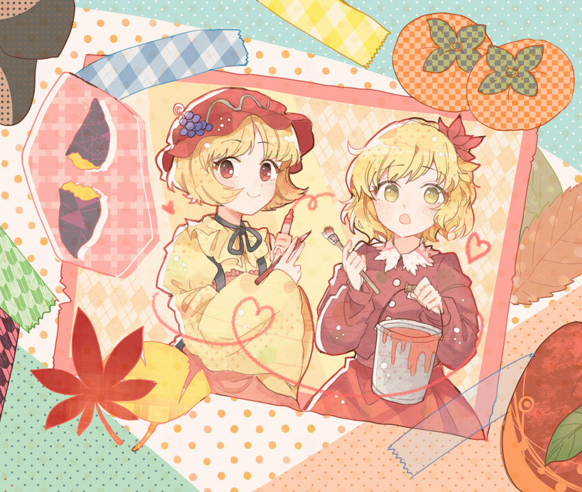 2girls aki_minoriko aki_shizuha apron blonde_hair blush bucket closed_mouth food food-themed_hat_ornament fruit fruit_hat_ornament ginkgo_leaf grape_hat_ornament grapes hat hat_ornament heart highres holding holding_bucket holding_paintbrush itomugi-kun leaf leaf_on_head long_sleeves maple_leaf mob_cap multiple_girls open_mouth paint paintbrush red_apron red_eyes red_headwear red_shirt red_skirt shirt short_hair siblings sisters skirt smile touhou wide_sleeves yellow_eyes yellow_shirt