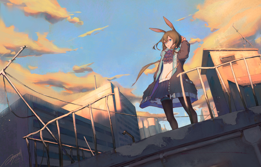 1girl absurdres amiya_(arknights) animal_ears arknights arms_up arpscell ascot black_coat black_pantyhose blue_ascot blue_eyes blue_skirt blue_sky brown_hair clothes_writing clouds cloudy_sky coat day evening hair_between_eyes highres long_hair long_sleeves looking_at_viewer open_clothes open_coat outdoors pantyhose parted_lips pleated_skirt rabbit_ears rabbit_girl railing rooftop scenery shirt skirt sky solo thighlet very_long_hair white_shirt