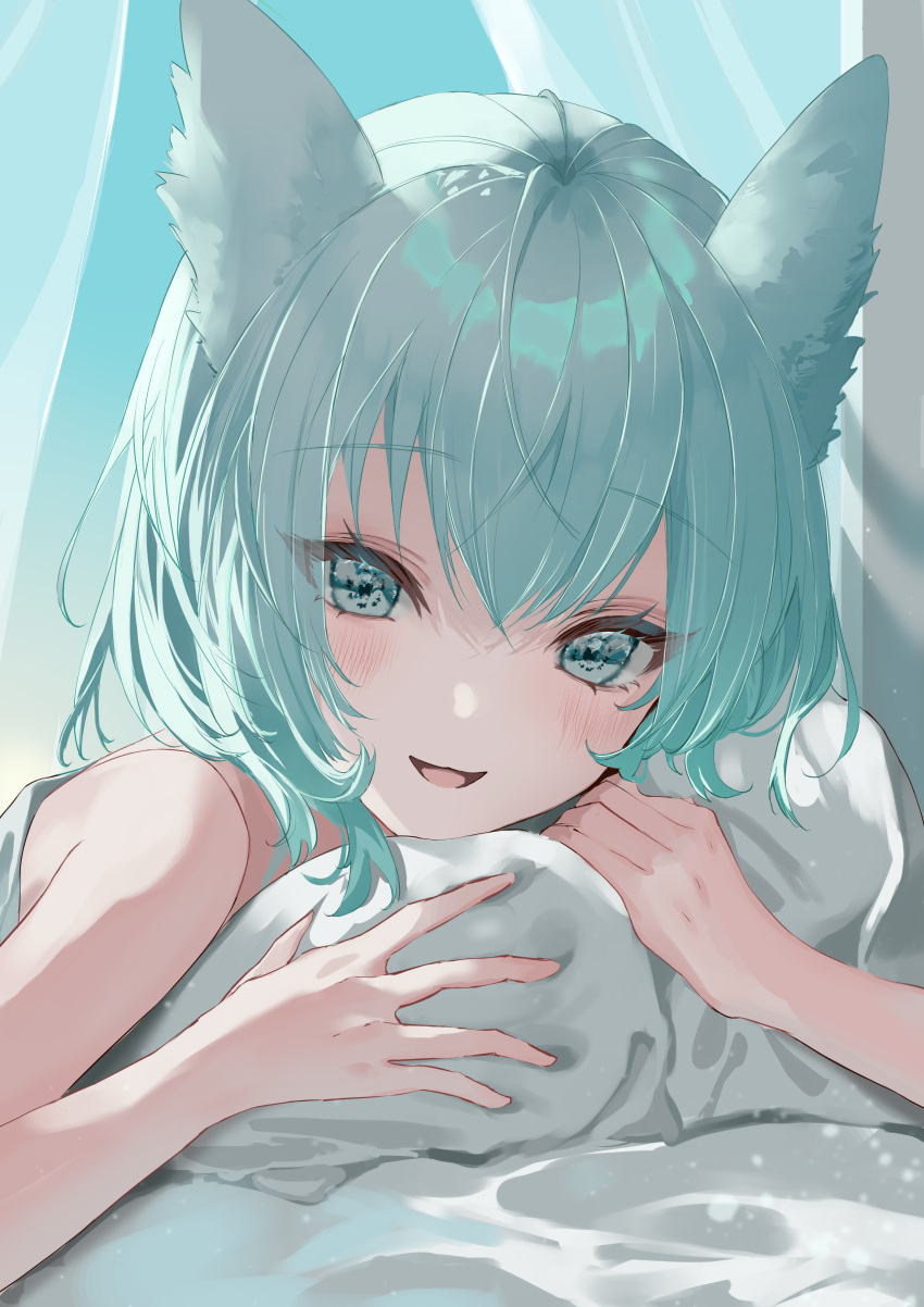 1girl :d absurdres animal_ears bangs bare_arms bed_sheet blue_eyes blue_hair cat_ears hair_between_eyes highres long_hair looking_at_viewer open_mouth original pillow portrait shiny shiny_hair smile solo syotaisverycute