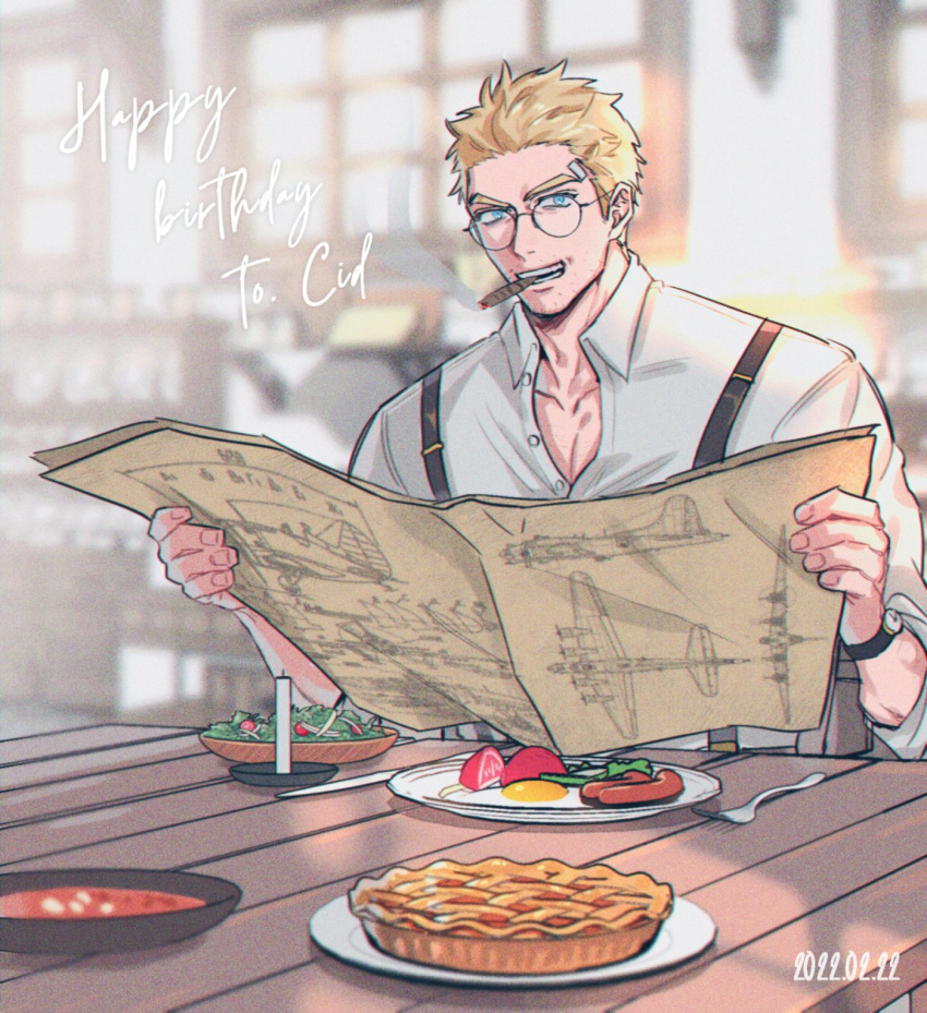 1boy bandage_on_face bandages blonde_hair blue_eyes blueprint candle character_name cid_highwind cigar collared_shirt egg final_fantasy final_fantasy_vii food fork glasses gunbam happy_birthday highres indoors looking_at_viewer male_focus mature_male open_collar open_mouth pie plate salad sausage shirt short_hair sitting sleeves_rolled_up smoking solo suspenders table upper_body watch watch white_shirt window wooden_table