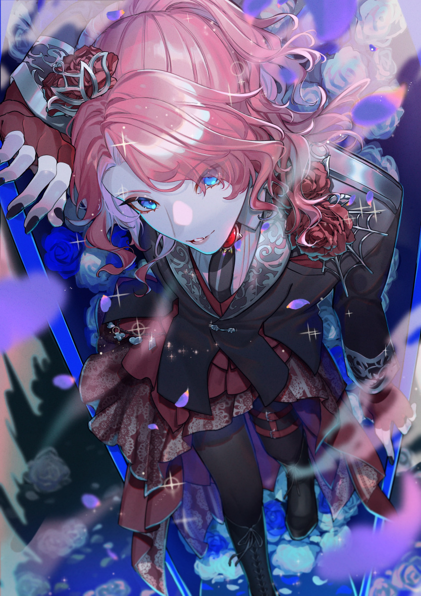 1boy absurdres bangs black_jacket black_nails black_pants blue_eyes blue_flower blue_rose bolo_tie boots boutonniere coffin cross-laced_footwear crown_hair_ornament eyeshadow falling_petals fingerless_gloves flower foot_out_of_frame gloves hair_flower hair_ornament hanayura_kanon high-low_skirt highres indie_virtual_youtuber jacket lace-up_boots langtao lapels long_hair looking_at_viewer makeup male_focus pants pants_under_skirt parted_lips petals pink_eyeshadow pink_hair ponytail red_flower red_gloves red_rose red_skirt rose shawl_lapels shirt skirt solo standing swept_bangs thigh_strap virtual_youtuber white_flower white_rose white_shirt
