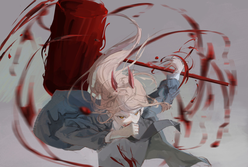 1girl absurdres blood blood_on_face blood_splatter blue_jacket chainsaw_man collared_shirt cross-shaped_pupils grey_background hammer highres horns jacket long_hair looking_at_viewer nenem_(kimnenemmm_art) pink_hair power_(chainsaw_man) red_horns shirt simple_background solo white_shirt yellow_eyes