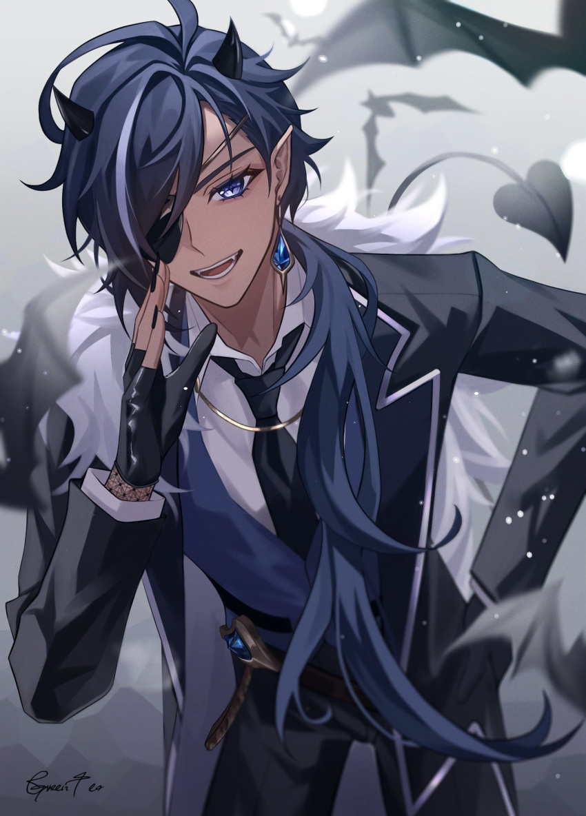 1boy artist_name bangs black_gloves black_jacket black_nails blue_eyes blue_hair collared_jacket collared_shirt demon_horns demon_tail earrings fang fangs fingernails genshin_impact gloves gradient gradient_background greentea7954 grey_background grey_shirt hair_between_eyes hand_on_hip hand_up highres horns jacket jewelry kaeya_(genshin_impact) long_fingernails long_hair long_sleeves looking_at_viewer male_focus nail_polish necklace necktie open_mouth pointy_ears ponytail shirt single_earring solo standing tail teeth tongue v-shaped_eyebrows wing_collar