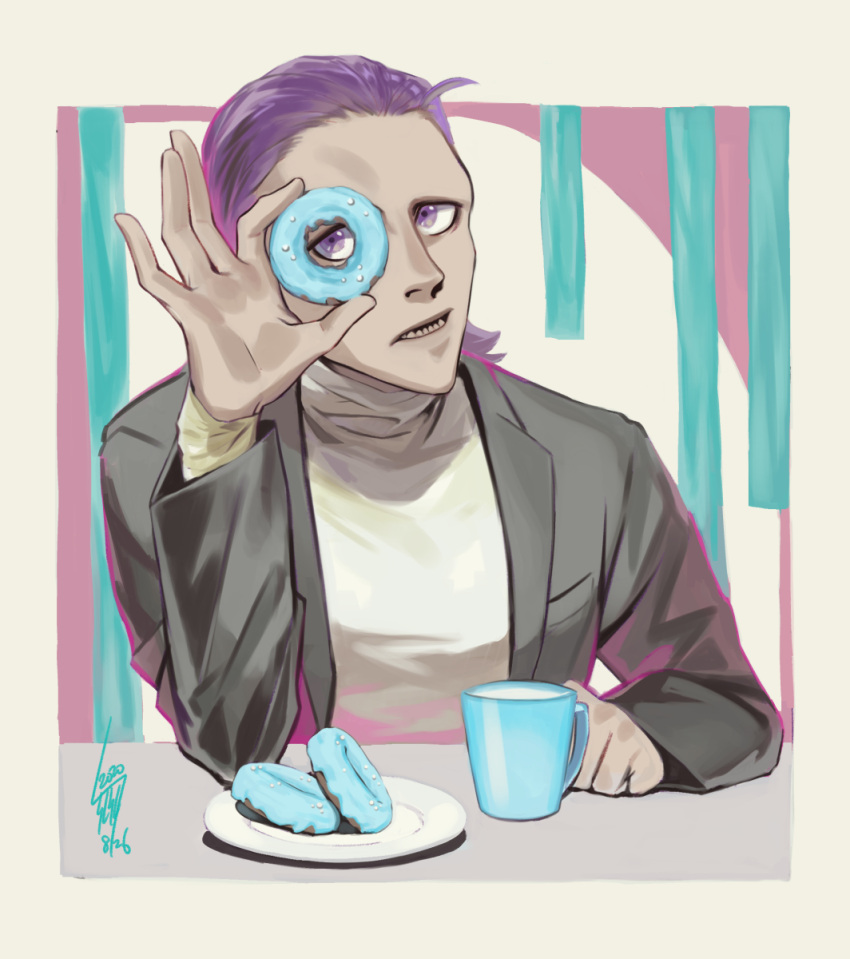 1boy artist_name bangs_pinned_back bishop_(daemon_x_machina) black_jacket border breast_pocket clenched_hand commentary cup daemon_x_machina dated doughnut food forehead hand_up highres holding holding_food jacket layered_sleeves long_sleeves looking_at_viewer male_focus milk open_clothes open_jacket open_mouth outside_border plate pocket purple_hair sharp_teeth shiny shiny_hair shirt short_hair signature sitting solo table teeth tsunetaka_rakurai upper_body violet_eyes white_shirt yellow_border