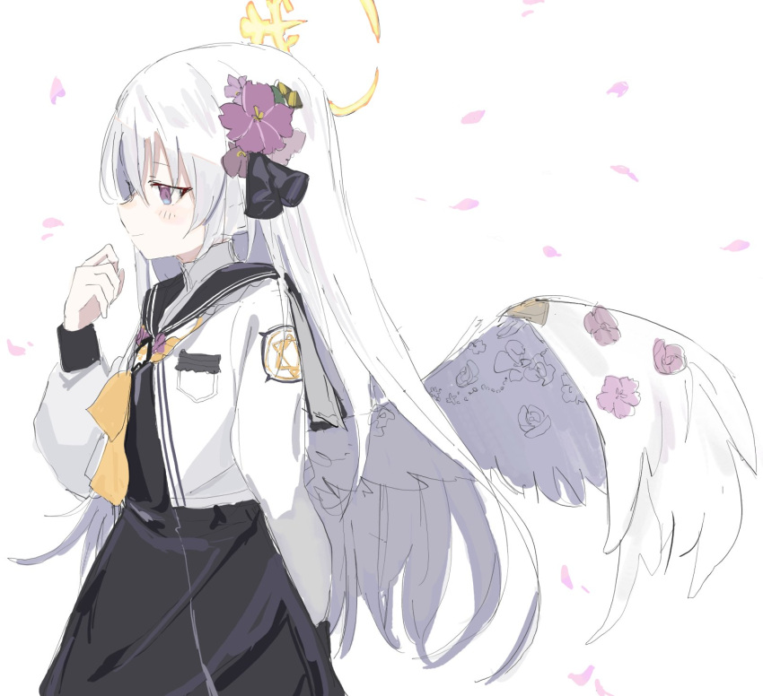 1girl angel_wings arm_behind_back azusa_(blue_archive) black_dress black_ribbon blue_archive cropped_jacket dress feathered_wings flower frills hair_flower hair_ornament hair_ribbon halo hand_up highres jacket long_sleeves looking_away looking_to_the_side low_wings neckerchief parted_lips profile purple_hair ribbon sanma_(tabet_) simple_background sketch solo violet_eyes white_background white_jacket white_wings wind wing_ornament wings yellow_neckerchief