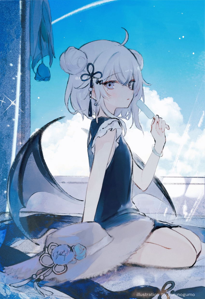 1girl blue_dress blue_sky blue_theme clouds demon_wings double_bun dress food frilled_sleeves frills hair_bun hat hat_removed headwear_removed highres looking_at_viewer medium_hair original popsicle seiza short_sleeves sitting sky solo summer sun_hat white_eyes white_hair wings yorunogumo
