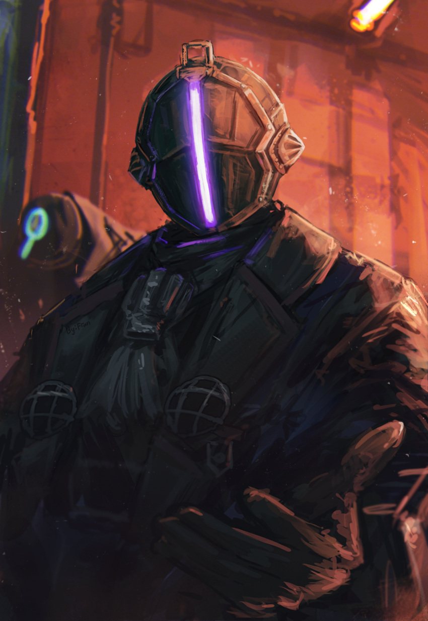 2boys black_gloves black_suit bondrewd coat covered_face formal franlol gloves glowing hand_up helmet highres indoors looking_at_viewer made_in_abyss mask multiple_boys overcoat solo_focus suit upper_body whistle whistle_around_neck