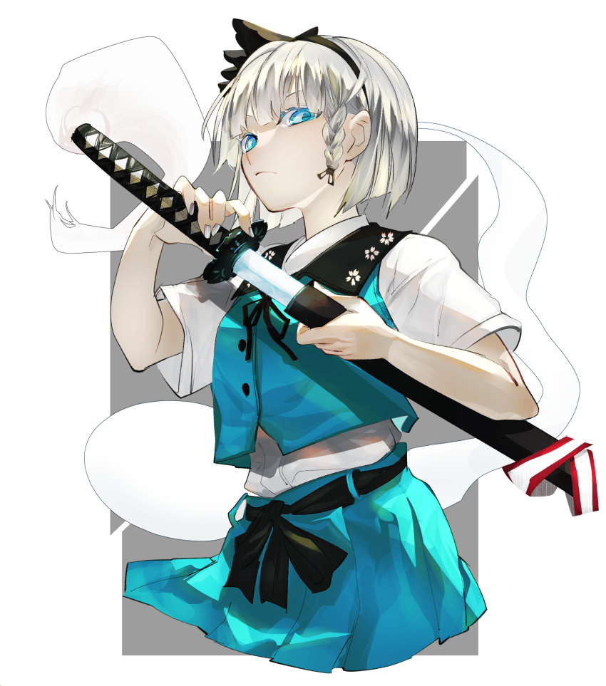 1girl black_hairband black_ribbon blue_eyes chamaruku closed_mouth collared_shirt green_skirt green_vest hair_ribbon hairband highres hitodama holding holding_sword holding_weapon katana konpaku_youmu konpaku_youmu_(ghost) ribbon sheath shirt short_hair short_sleeves skirt solo sword touhou unsheathing upper_body vest weapon white_hair white_shirt