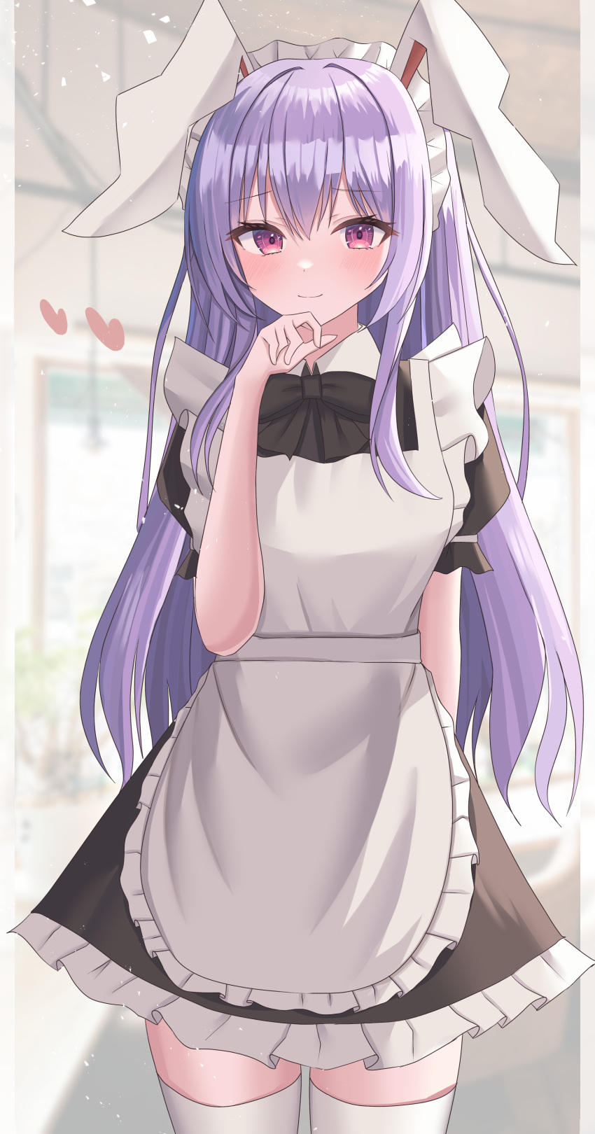 1girl absurdres animal_ears aohane apron black_bow black_bowtie black_dress bow bowtie breasts closed_mouth commentary_request cowboy_shot dress frilled_apron frills heart highres light_purple_hair long_hair maid maid_apron maid_headdress medium_breasts puffy_short_sleeves puffy_sleeves rabbit_ears rabbit_girl red_eyes reisen_udongein_inaba short_sleeves smile solo thigh-highs touhou very_long_hair white_apron white_thighhighs