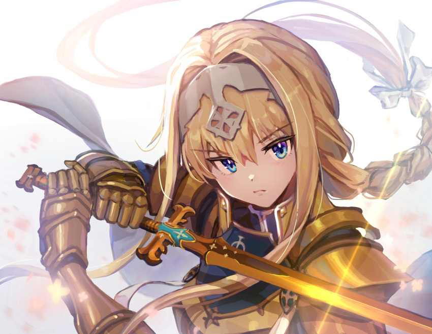 1girl alice_zuberg armor bangs blonde_hair blue_eyes bow braid braided_ponytail breastplate closed_mouth falling_petals fighting_stance gauntlets gold_armor hair_between_eyes hair_bow headpiece highres holding holding_sword holding_weapon long_hair looking_at_viewer petals serious shoulder_armor solo sword sword_art_online sword_art_online:_alicization upper_body weapon white_background white_bow yappo_(point71)