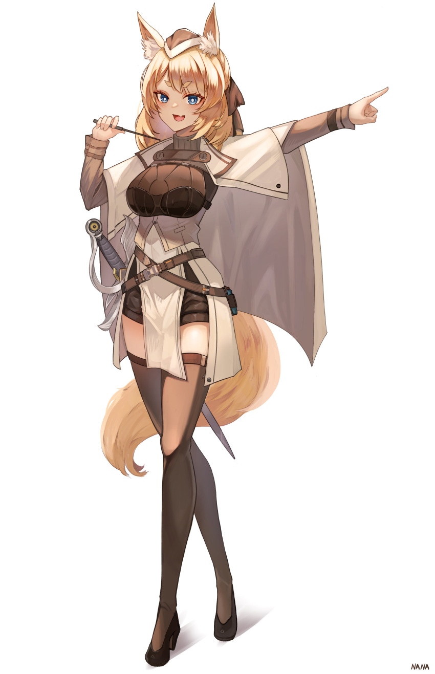 1girl 2022 absurdres animal_ear_fluff animal_ears arknights black_shorts black_thighhighs blonde_hair blue_eyes fang fox_ears fox_girl fox_tail garrison_cap hat high_heels highres long_hair nannachu7 open_mouth shorts skin_fang smile solo standing sword tail thigh-highs weapon whip whislash_(arknights) white_background