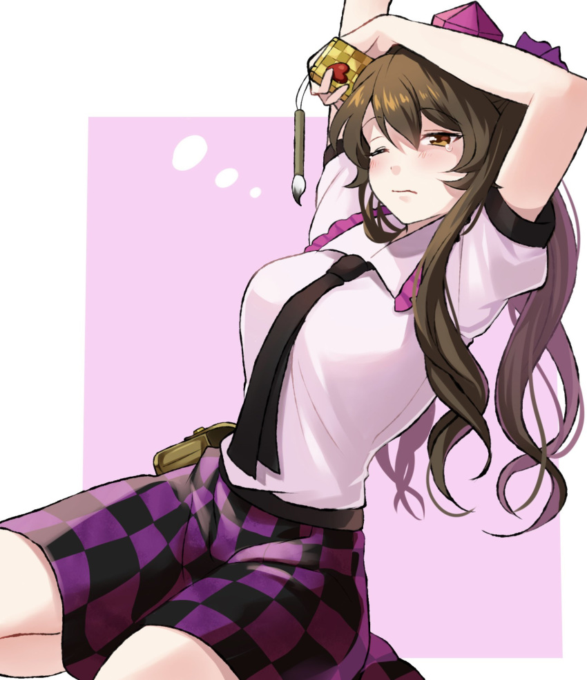 1girl black_necktie blush brown_eyes brown_hair cellphone checkered_clothes checkered_skirt closed_mouth collared_shirt hair_between_eyes hat highres himekaidou_hatate holding holding_phone long_hair necktie nr_mkn one_eye_closed phone puffy_short_sleeves puffy_sleeves purple_headwear shirt short_sleeves skirt solo tokin_hat touhou twintails two-tone_background white_shirt