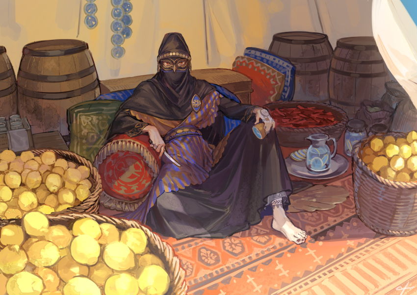 barefoot barrel cloak cushion food fruit full_body holding holding_knife jar jewelry knife leg_tattoo looking_at_viewer mask nishiki_areku nuchika_(mountain_of_heaven) pitcher pixiv_fantasia pixiv_fantasia_mountain_of_heaven plate red_eyes ring rug sitting solo tattoo