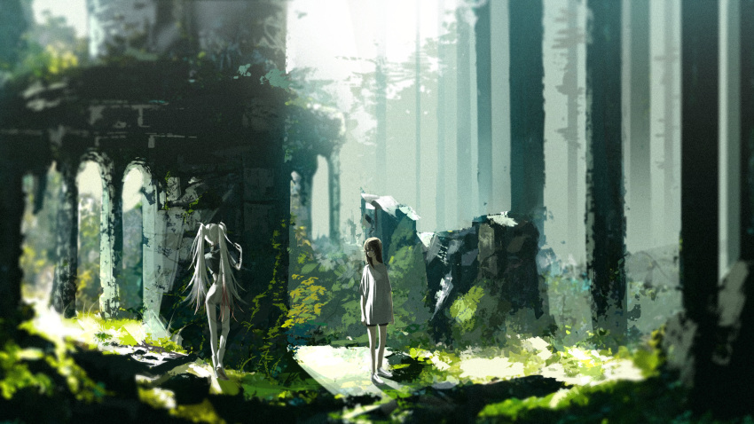 2girls absurdres bangs black_shirt black_shorts boots brown_hair day facing_another hand_up highres moss multicolored_hair multiple_girls original outdoors overgrown pillar polaris100705 redhead rubble ruins scenery shirt shorts skirt streaked_hair twintails white_hair white_shirt