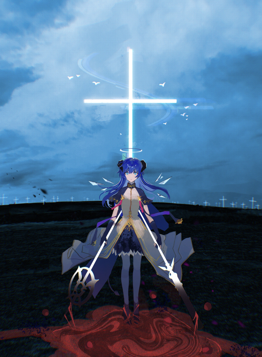 1girl arknights blood blue_capelet blue_eyes blue_gloves blue_hair blue_skirt blue_sky capelet clouds commentary cross demon_horns dress elbow_gloves energy_wings feet_out_of_frame gloves gold_trim halo highres hill holding holding_staff horns long_hair looking_at_viewer matsuoka_(mtok_0) mostima_(arknights) mostima_(spellbreaker)_(arknights) outdoors pantyhose partially_fingerless_gloves pool_of_blood serious skirt sky solo staff wading white_dress white_pantyhose wings