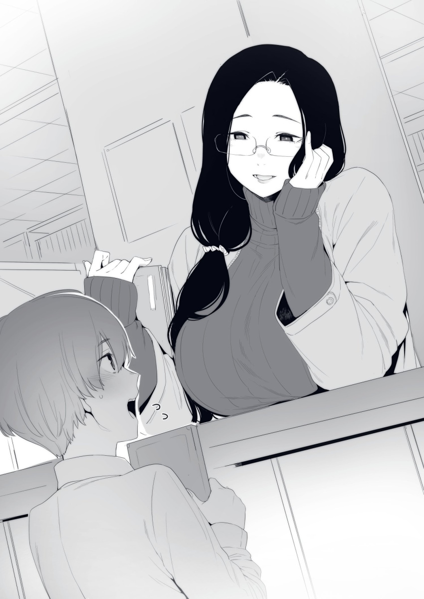 1boy 1girl age_difference black_hair breasts glasses highres holding indoors large_breasts long_hair long_sleeves looking_at_another monochrome nakamura_regura onee-shota open_mouth original sweater teeth