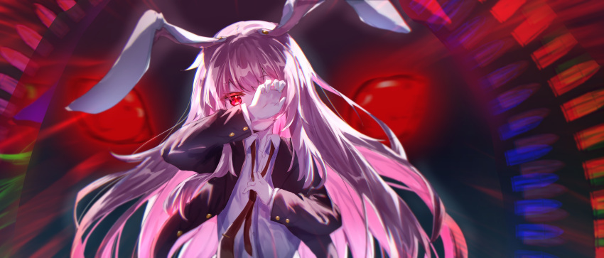 1girl animal_ears black_jacket buttons collared_shirt commentary covering_one_eye floppy_ears hands_up highres holding_necktie jacket kutabiretainu long_hair long_sleeves looking_at_viewer necktie one_eye_covered open_clothes open_jacket purple_hair rabbit_ears red_eyes red_necktie reisen_udongein_inaba shirt solo touhou upper_body very_long_hair white_shirt