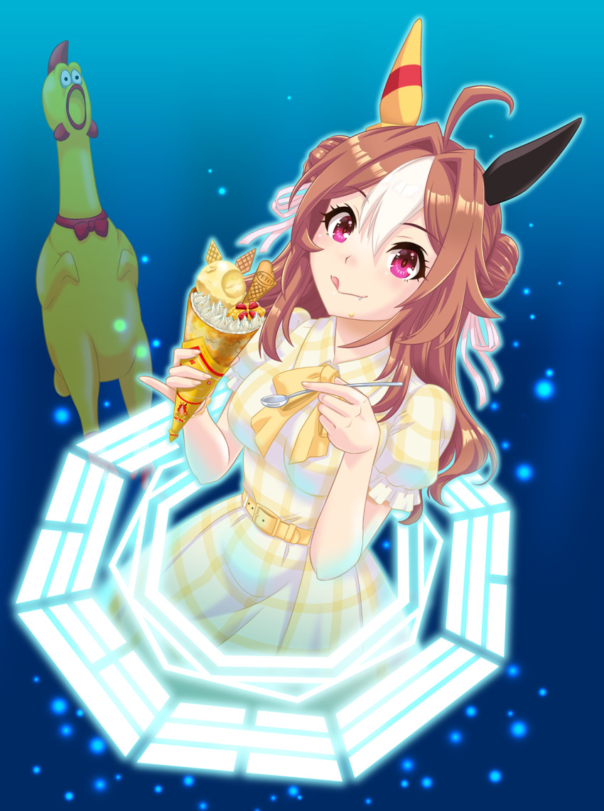 1girl ahoge bagua bangs bow bowtie brown_hair casual commentary copano_rickey_(umamusume) cowboy_shot crepe double_bun dress ear_covers food fruit glowing hair_between_eyes hair_bun hair_ribbon highres holding holding_food holding_spoon light_particles long_hair multicolored_hair portal_(object) puffy_short_sleeves puffy_sleeves ribbon rubber_chicken short_sleeves solo spoon strawberry tongue tongue_out toy trigram two-tone_hair umajiri_gyuunyuu umamusume violet_eyes whipped_cream white_hair white_ribbon yellow_belt yellow_bow yellow_bowtie yellow_dress