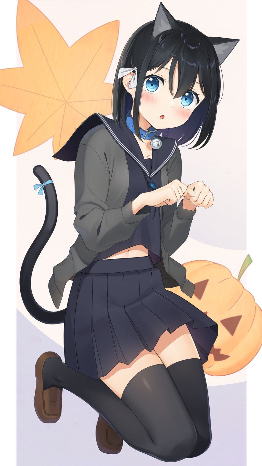 1girl :o absurdres animal_ears apollo_(hu_maple) bangs bell black_hair black_sailor_collar black_serafuku black_shirt black_skirt black_thighhighs blue_collar blue_eyes blush brown_footwear cat_ears cat_girl cat_tail collar commentary_request grey_jacket hair_between_eyes highres jack-o'-lantern jacket jingle_bell loafers looking_at_viewer midriff_peek navel neck_bell open_clothes open_jacket original parted_lips paw_pose pleated_skirt sailor_collar school_uniform serafuku shirt shoes skirt solo tail thigh-highs