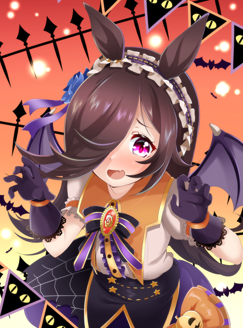 1girl animal_ears bangs black_bow black_bowtie black_gloves black_hairband black_wings blue_flower blue_rose bow bowtie brooch center_frills claw_pose collared_shirt commentary demon_wings fang flower frilled_hairband frilled_sleeves frills gloves hair_flower hair_ornament hair_over_one_eye hair_ribbon hairband halloween halloween_costume high-waist_skirt highres horse_ears horse_girl jack-o'-lantern_ornament jewelry lace-trimmed_gloves lace_trim long_bangs long_hair looking_at_viewer make_up_in_halloween!_(umamusume) medium_skirt miso_bon official_alternate_costume open_mouth orange_bow purple_ribbon ribbon rice_shower_(make_up_vampire!)_(umamusume) rice_shower_(umamusume) rose shirt short_sleeves skin_fang skirt smile solo spider_web_print standing star_(symbol) string_of_flags umamusume violet_eyes white_shirt wings