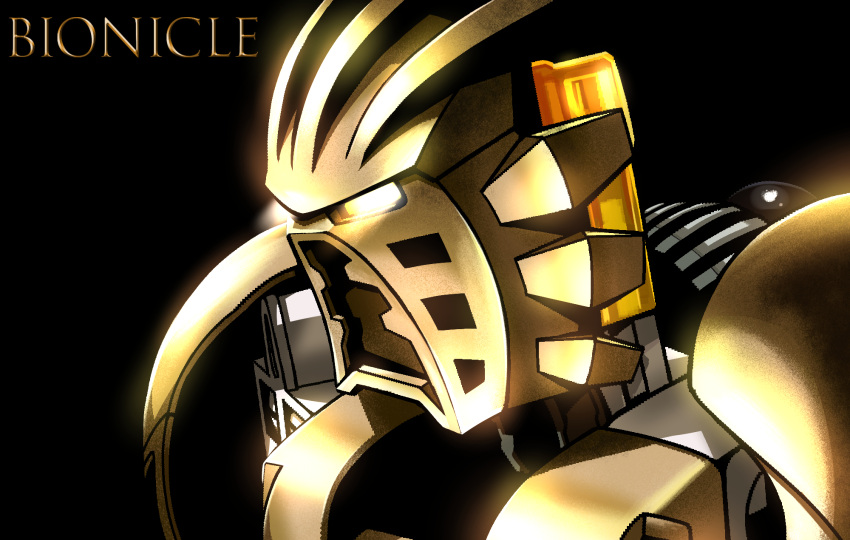bionicle black_background commentary_request copyright_name glowing gold_armor highres humanoid_robot jazz_jack lego mask no_humans portrait shiny simple_background takanuva_(bionicle) the_lego_group toy upper_body