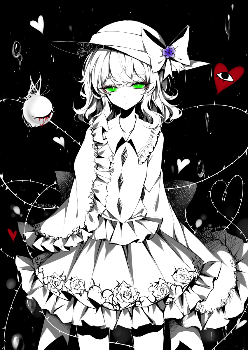 1girl absurdres artist_name bangs black_background blood blue_flower blue_rose bow buttons closed_mouth commentary diamond_button floral_print flower frilled_shirt_collar frilled_skirt frilled_sleeves frills green_eyes hat hat_bow heart heart_of_string highres komeiji_koishi long_sleeves looking_at_viewer medium_hair rain roastpork_318 rose sheya_(style) shirt simple_background skirt sleeves_past_fingers sleeves_past_wrists solo symbol-only_commentary third_eye thorns touhou twitter_username