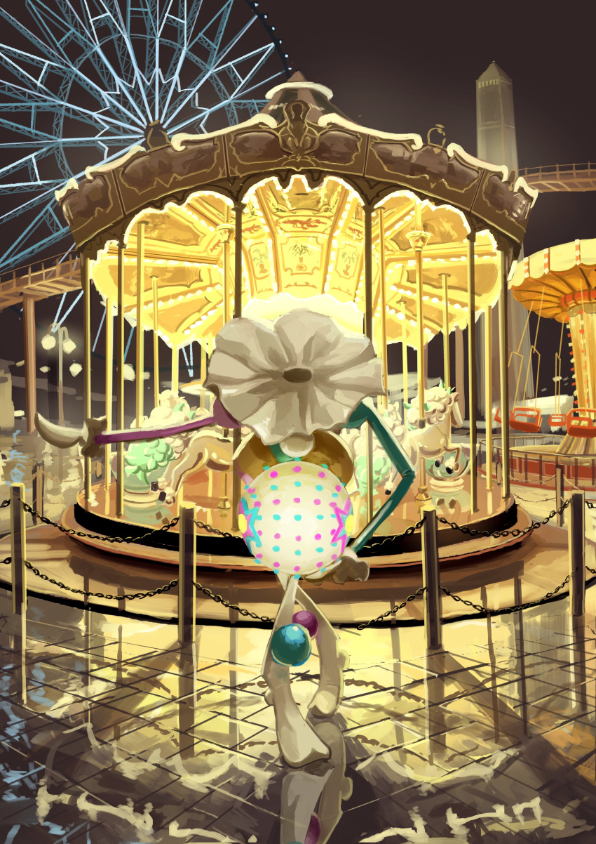 absurdres blacephalon bridge carousel chain commentary fence ferris_wheel highres king_joe_(neoroto) night no_humans outdoors pokemon pokemon_(creature) reflection sky solo tile_floor tiles