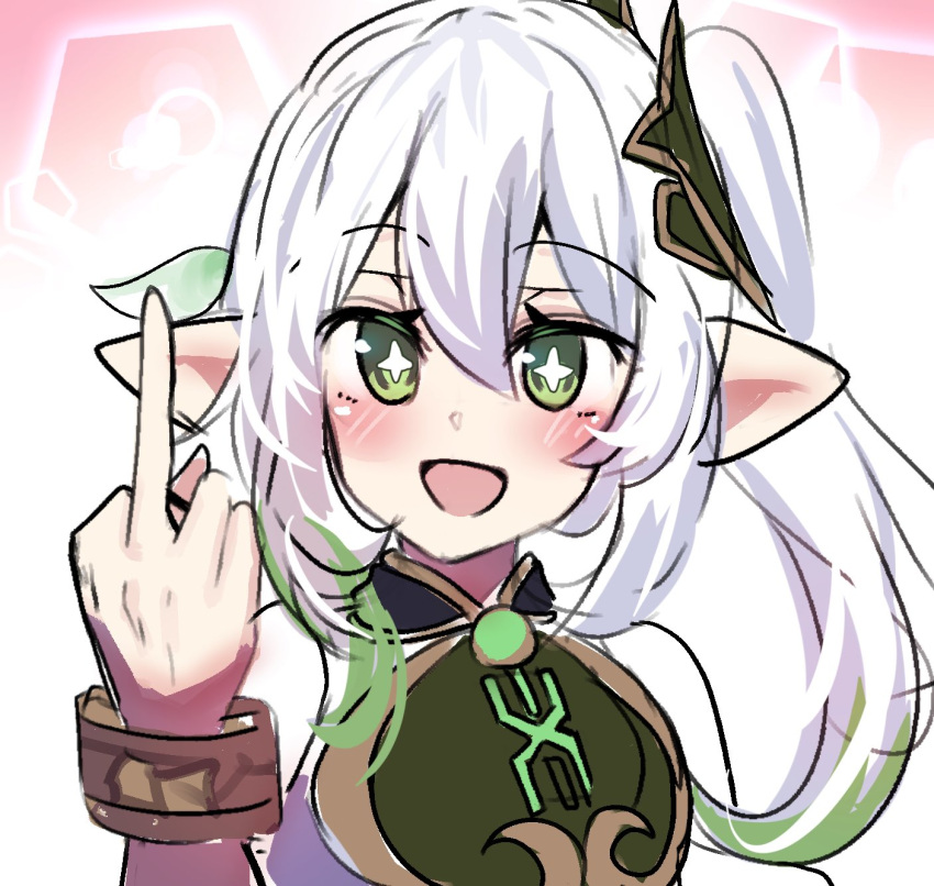 1girl :d bare_shoulders blush bracelet comedy cross-shaped_pupils genshin_impact green_eyes hair_ornament highres hinghoi jewelry long_hair middle_finger nahida_(genshin_impact) open_mouth pointy_ears ponytail smile solo symbol-shaped_pupils white_hair