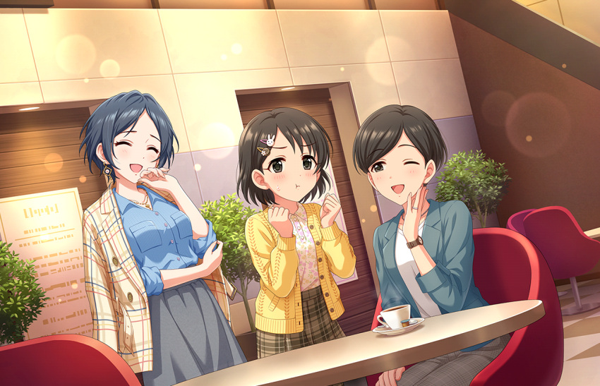 3girls :t ;d ^_^ ^o^ bangs black_hair blue_hair blush breasts clenched_hands closed_eyes cup dark_blue_hair dutch_angle hair_intakes hayami_kanade idolmaster idolmaster_cinderella_girls idolmaster_cinderella_girls_starlight_stage jacket jacket_on_shoulders jewelry lens_flare looking_at_another medium_breasts multiple_girls official_art one_eye_closed plaid plaid_jacket plaid_skirt ring sasaki_chie sasaki_chie's_mother short_hair sitting skirt smile swept_bangs teacup watch watch
