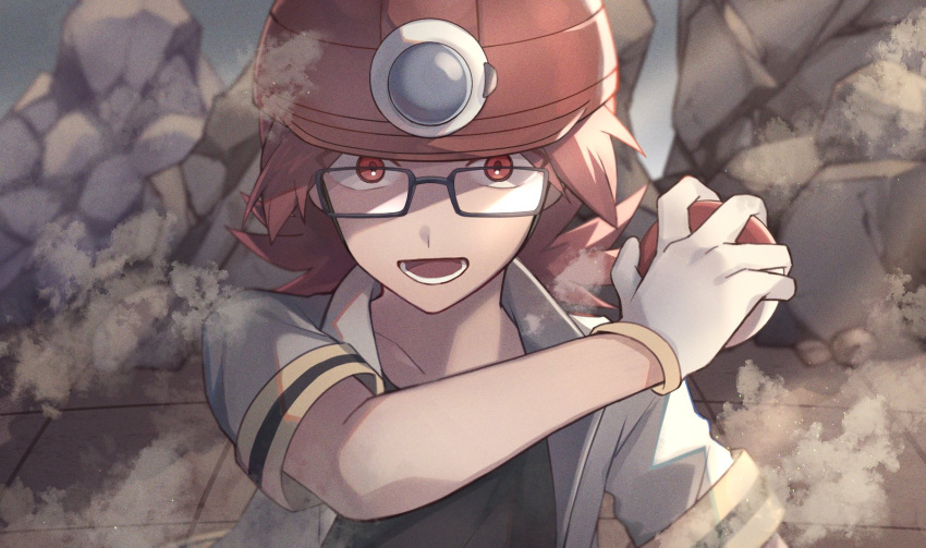 1boy black-framed_eyewear black_shirt commentary_request glasses gloves grey_jacket hand_up helmet highres holding holding_poke_ball jacket male_focus poke_ball poke_ball_(basic) pokemon pokemon_(game) pokemon_dppt red_eyes red_headwear redhead roark_(pokemon) rock shirt short_sleeves sioinari_03 solo upper_body white_gloves