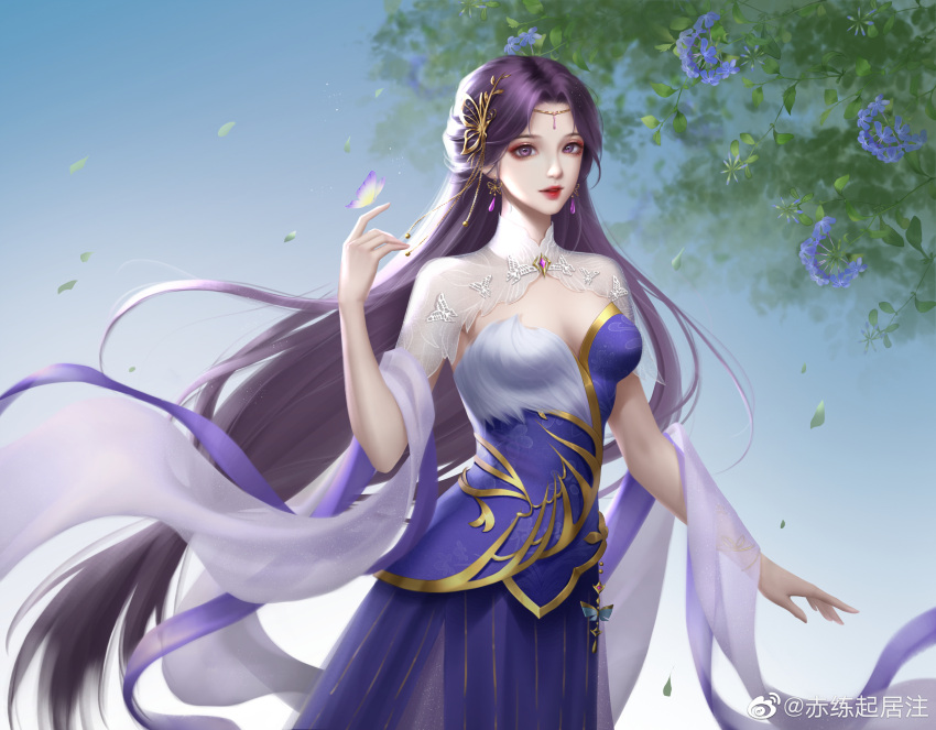 1girl artist_request blue_sky bug butterfly earrings falling_leaves flower hagoromo highres index_finger_raised jewelry leaf long_hair looking_at_viewer parted_lips purple_hair second-party_source shawl shiny shiny_hair sky solo sparkle upper_body violet_eyes wanmei_shijie yun_xi_(wanmei_shijie)