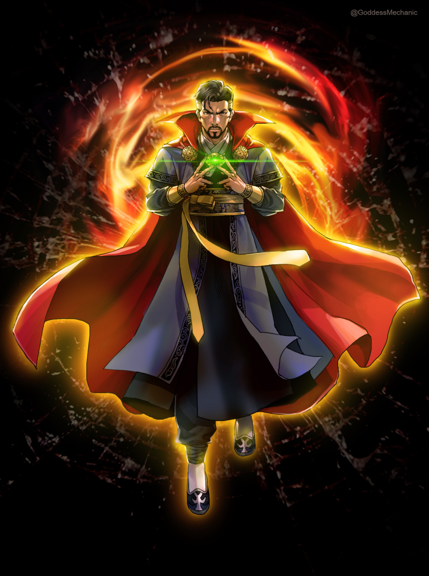 1boy black_hair cape commentary doctor_strange doctor_strange_(series) english_commentary facial_hair full_body goatee grey_hair highres kim_yura_(goddess_mechanic) korean_clothes male_focus marvel multicolored_hair red_cape robe solo twitter_username two-tone_hair